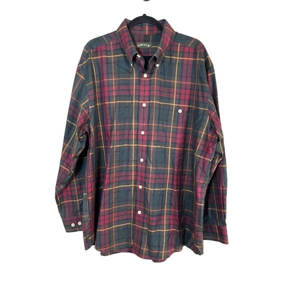 Orvis Plaid Shirt XL Red Preppy Neutral Western Fall Retro Check 80s